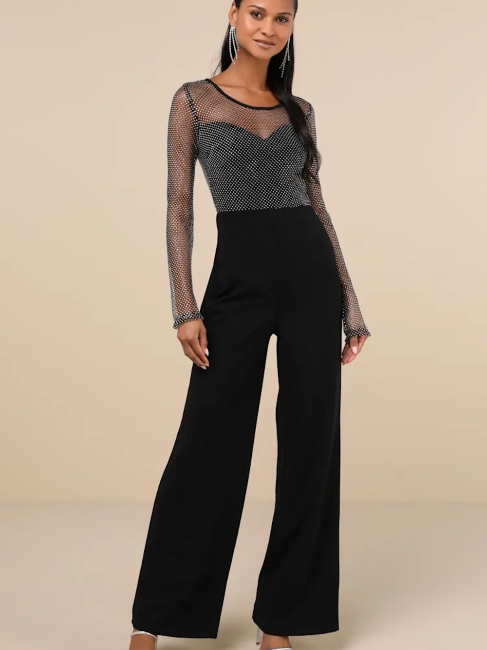 Lulu’s Elegant Black Wide-Leg Jumpsuit with Mesh Fishnet Rhinestone Bodice XL